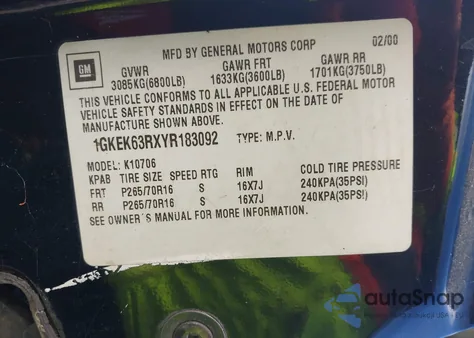 2000 GMC Yukon Denali z USA, uszkodzony, nr VIN 1GKEK63RXYR183092